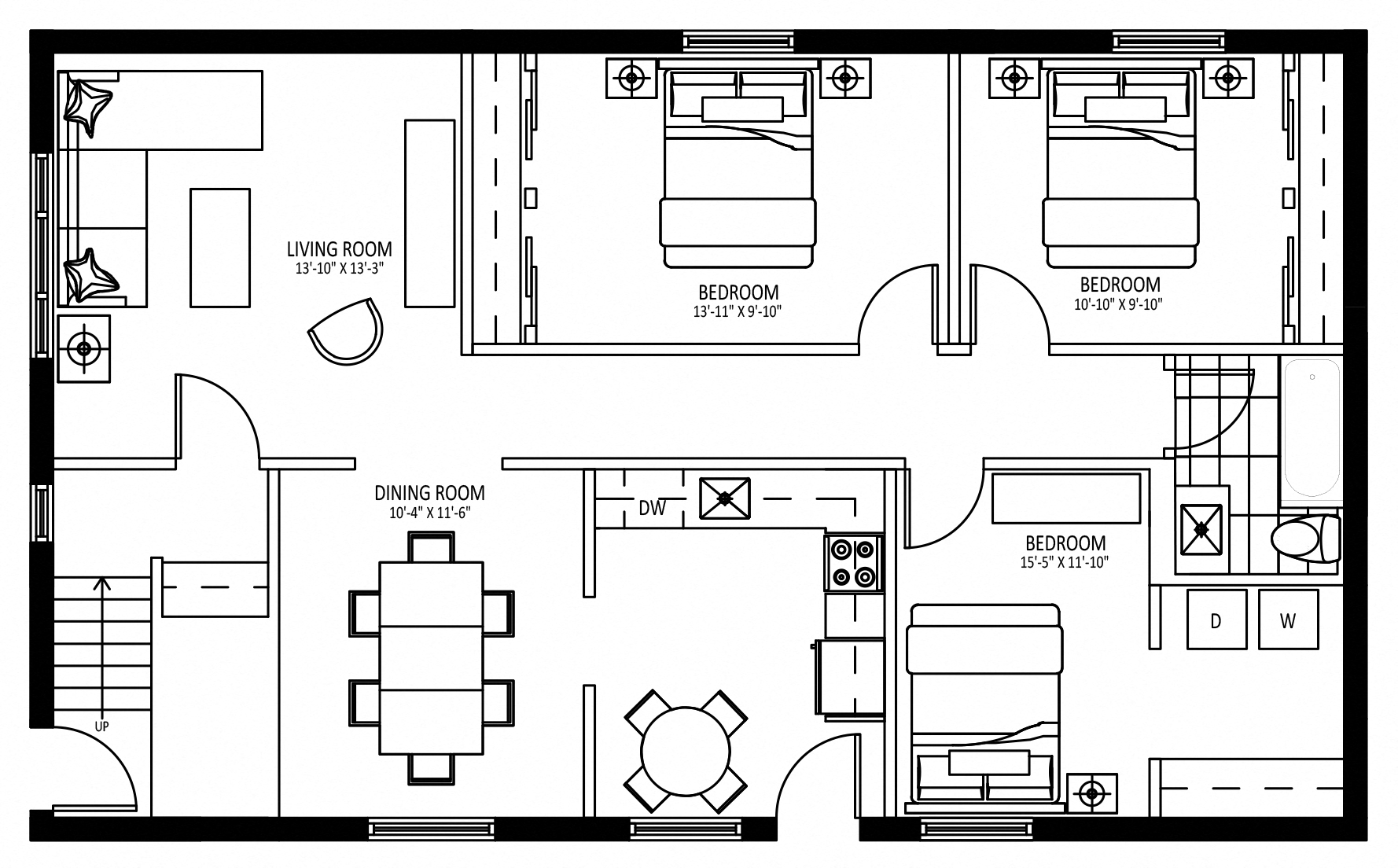 Floor plan for 3 beds, 1 bath, 1000 sqft